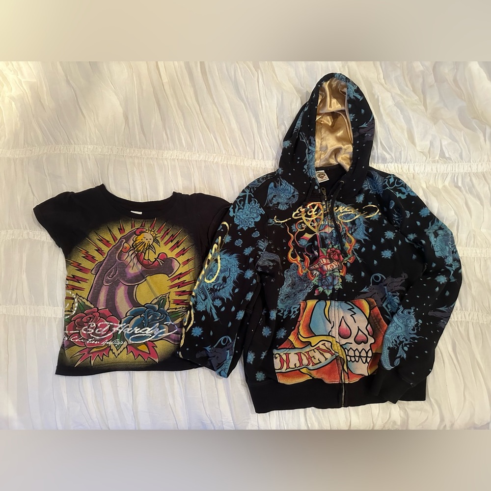 2 ed hardy tops (crop top, and zip up hoodie)